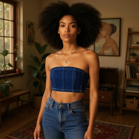 By.DYLN Denim Tube Top – Dark Blue Smocked Strapless Crop w/ Zipper | Deadstock - Picture 3 of 14